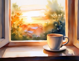 cozy morning vibes with watercolor coffee cup on windowsill embraced by sunrise glow for inspirational art