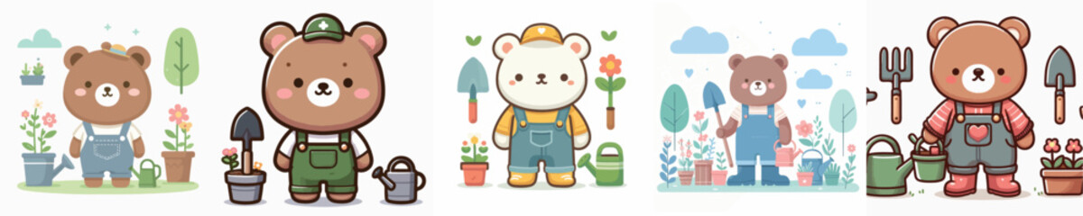 set of cute bear vectors gardening