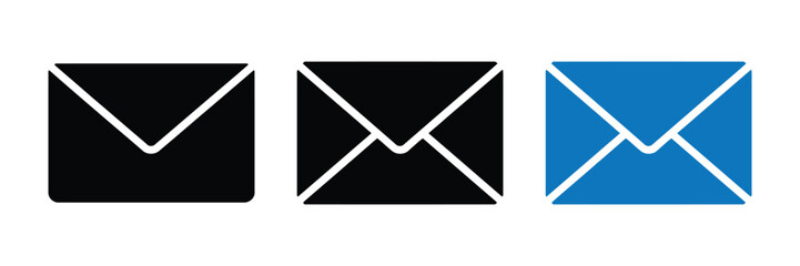 Three stylized envelopes in black and blue colors representing communication and mail services isolated on transparent background