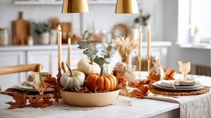 A festive autumn table setting features pumpkins, candles, and golden hues. Warm Thanksgiving centerpiece creates a cozy and inviting harvest atmosphere.