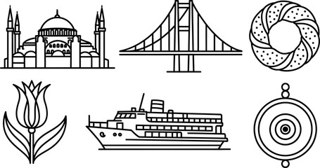 Naklejka premium Istanbul famous landmark vector set including mosque bridge tulip ferry ship and traditional bagel illustration