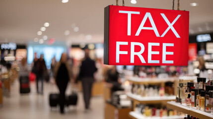 A bright 'Tax Free' sign hangs prominently in an airport duty free shop. Travelers browse perfumes and cosmetics, highlighting tax-free shopping opportunities.