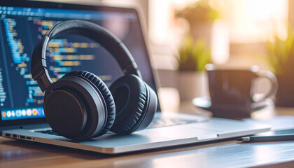 Laptop with headphones and coding software on screen, suggesting a work or study environment.