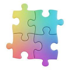 Fototapeta premium Four colorful puzzle pieces connected isolated on transparent background