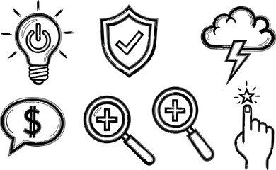 Hand-drawn digital icons including light bulb power symbol, shield with checkmark, cloud with lightning, dollar speech bubble, magnifying glass with plus sign, and pointing finger vector set