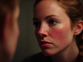 Fototapeta premium Woman looking in mirror with flushed face