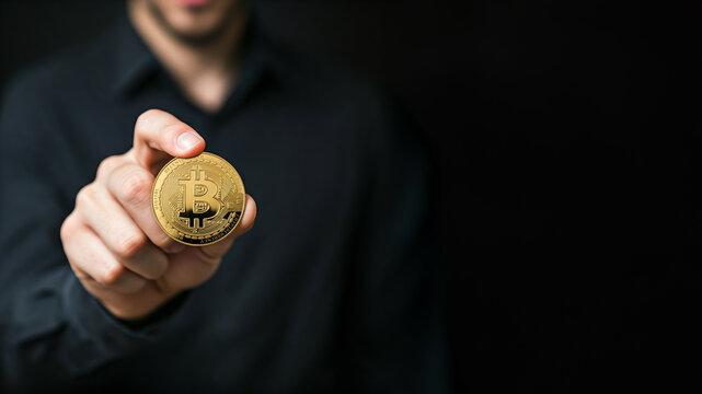 hand holding bitcoin coin. hand illustration