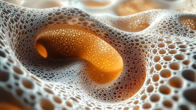 Intricate abstract textureof porous material with sot orange hues, evoking a snse of depth and organic bauty for creative design pojects.