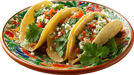 Soft Taco Close-Up on Floral Carved Plate on Transparent Background