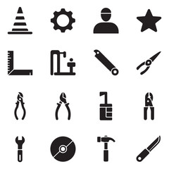 Set of Solid vector icon road cone vector, gear, work, star man, saw, corner ruler, plumber, pliers, side cutters, bolt cutter, disk, welding, wrench hammer, knife, toy. Vector black silhouette. 