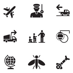 Set of Solid vector icon  plane vector, traffic controller, departure, arrival, trap truck, boarding passengers, small, globe, paper fly, jointer, toy. Vector black silhouette. with white background