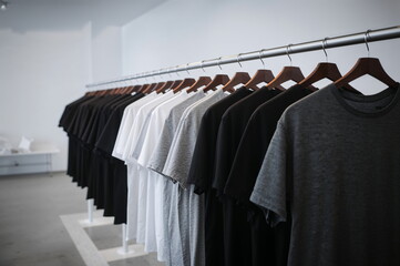 Black White And Gray T-Shirts Hanging On Wooden Hangers In Minimalist Wardrobe Modern Fashion Retail And Apparel Store Display