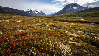 Expansive mountain landscape with a colorful carpet of arctic wildflowers and tundra vegetation in a remote valley