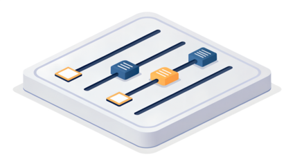 An isometric illustration of audio sliders and controls, representing adjustment and settings isolated on transparent background