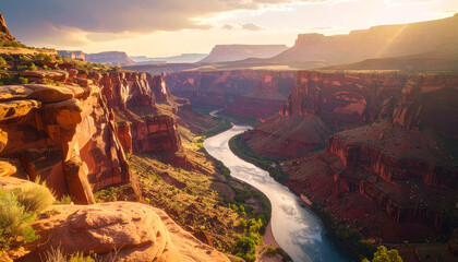 Breathtaking aerial perspective of a winding river carving its path through a vast, sun-kissed red rock canyon at sunset