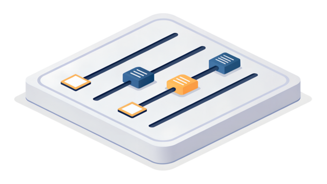 An isometric illustration of audio sliders and controls, representing adjustment and settings isolated on transparent background