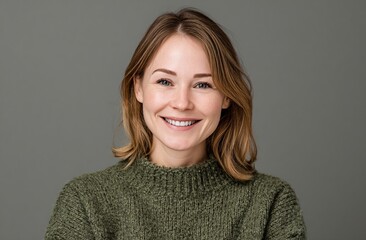 Fototapeta premium Woman Smiling in Red Sweater Modern Studio Portrait