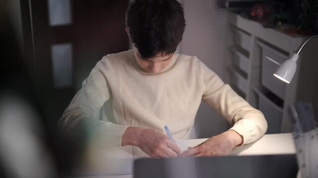 Medium front view of a teenage boy drawing geometric lines with a triangle ruler on graph paper at a home desk under a lamp.
