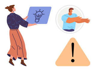 Woman holding idea card, person extending arms symbolizing teamwork, triangular warning sign. Ideal for creativity, teamwork, collaboration, problem-solving, brainstorming ideas caution. Simple