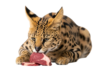 A spotted wildcat savors a piece of raw meat against a black backdrop.