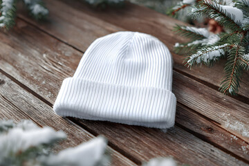 White knitted beanie mockup on wooden table with pinecone decor.