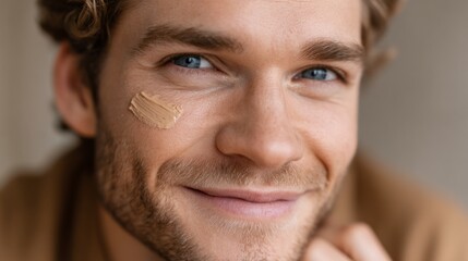 Obraz premium Young man applying foundation with a smile in a bright indoor setting during the day