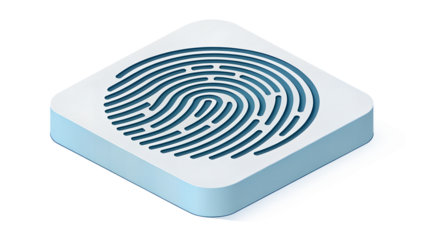 A 3d isometric icon featuring a fingerprint pattern, representing biometric security and personal identification isolated on transparent background