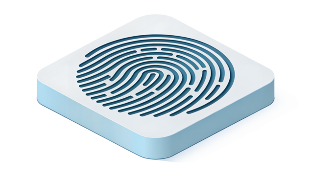 A 3d isometric icon featuring a fingerprint pattern, representing biometric security and personal identification isolated on transparent background