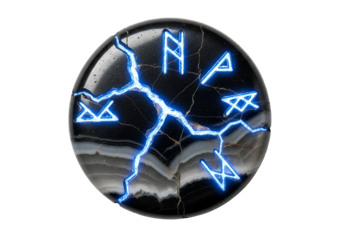 A decorative, round, black stone sphere, highlighted with glowing blue runes and cracks, displays a mystical design.