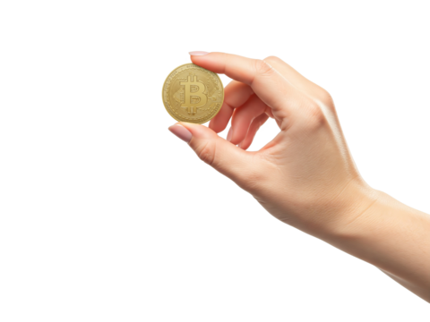 hand holding bitcoin coin. hand illustration.