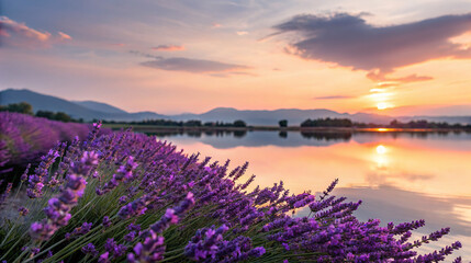 Lavender fields and sunset reflections over tranquil water in serene and beautiful landscape photography