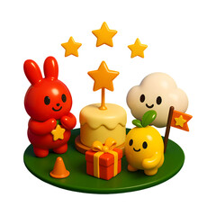 Naklejka premium Birthday Star Party — Bunny, Sprout & Cloud | Kawaii 3D Clipart (Transparent PNG)