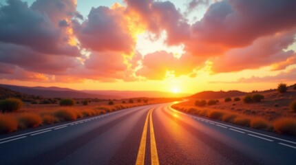 Winding asphalt road through arid landscape at sunset clouds