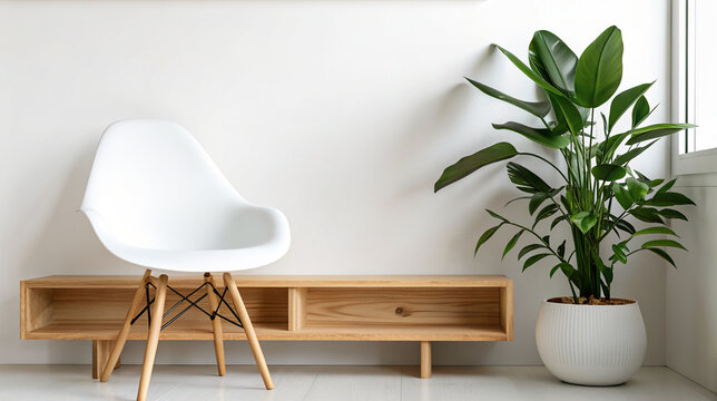 Modern minimalist interior space with chair and potted plant in bright natural lighting for calm vibes