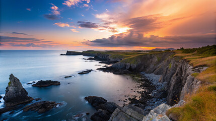 Scenic coastal landscape with dramatic sunset and rocky cliffs under vibrant evening sky display