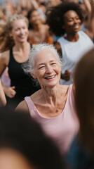 Obraz premium Enthusiastic senior woman enjoys fitness class, surrounded by diverse participants, showcasing active aging and community spirit through exercise.