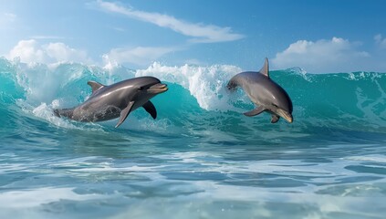Fototapeta premium Two dolphins jumping out of the ocean wave