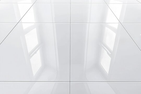 High-resolution hyper-realistic photograph of an empty white room with large windows, glossy tile floors, reflective surfaces