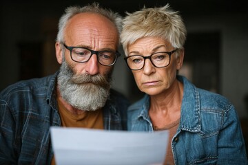 Worried elderly couple reading medical bill