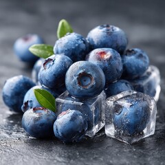 Frozen Blueberries on Ice Cubes in a Dark Slate Setting