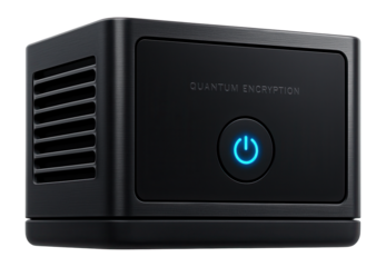 Desktop quantum encryption unit with cooling vents and illuminated power button