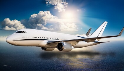 Fototapeta premium black private business generic travel rendering white concept clouds luxury sky background horizontal flying sun blue huge design photo 3d jet plane class vip first jet business flight travel air