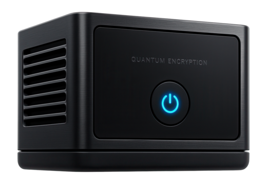 Desktop quantum encryption unit with cooling vents and illuminated power button