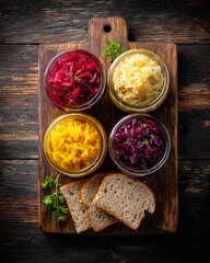 Overhead view of fermented foods and bread