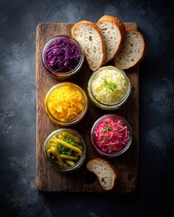 Overhead view of fermented foods and bread