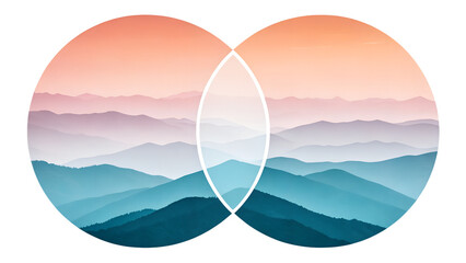 Overlapping circles reveal layered mountain ranges fading into a pastel sky, creating a serene landscape isolated on transparent background