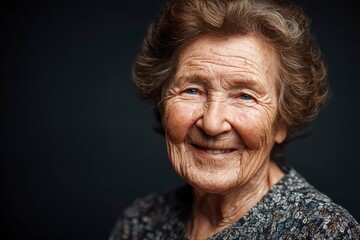 Elderly woman smiling wrinkles visible against a dark background