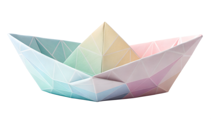 A colorful origami paper boat with pastel geometric patterns, isolated on a transparent background