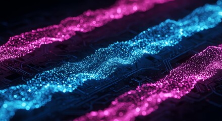 Circuit board with glowing data streams