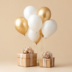 Festive gift boxes with balloons against plain background